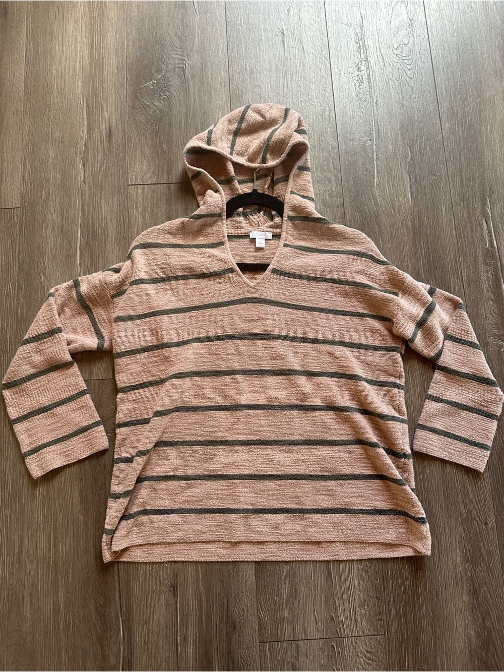 J. Jill Peach and Green Striped V-Neck Hoodie Sweater